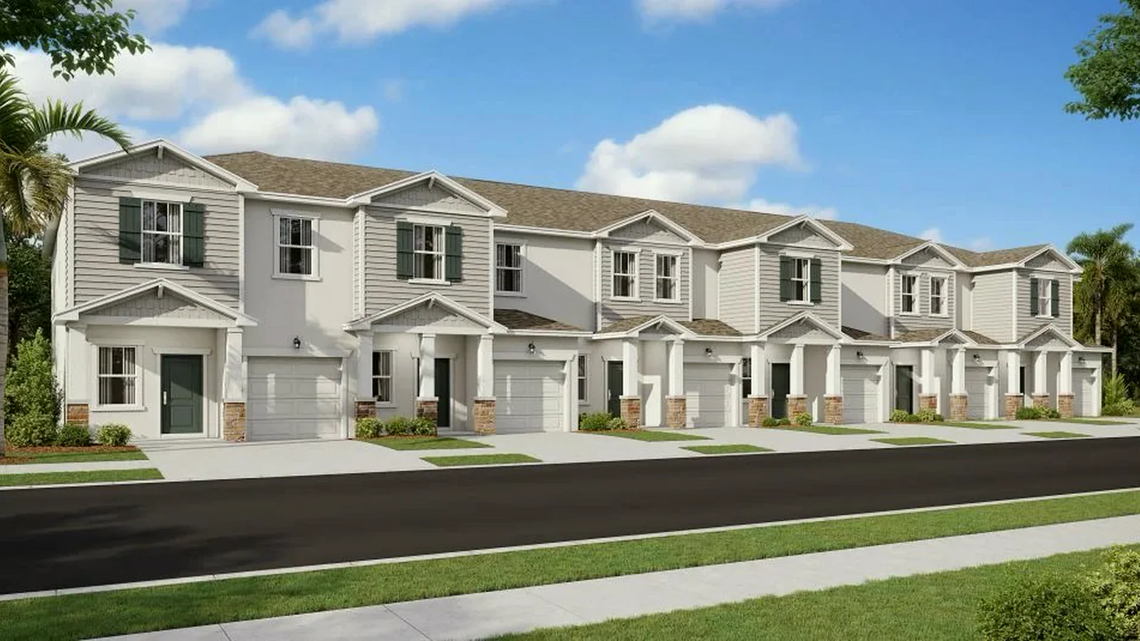 Fachada Craftsman em bloco de 6 unidades do modelo Amalfi no Wellness Ridge