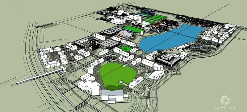 Master plan aéreo do Olympus, distrito mestre que abriga o Wellness Ridge em Clermont, Orlando