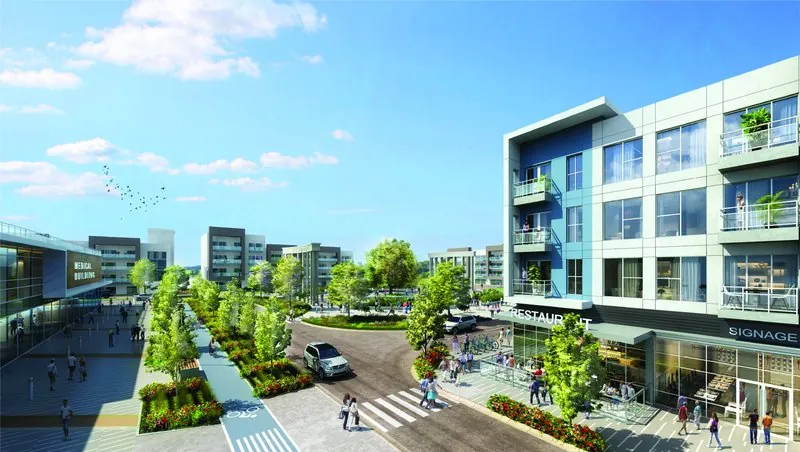 Render do Town Center do Olympus, distrito mestre que abriga o Wellness Ridge em Clermont, Orlando