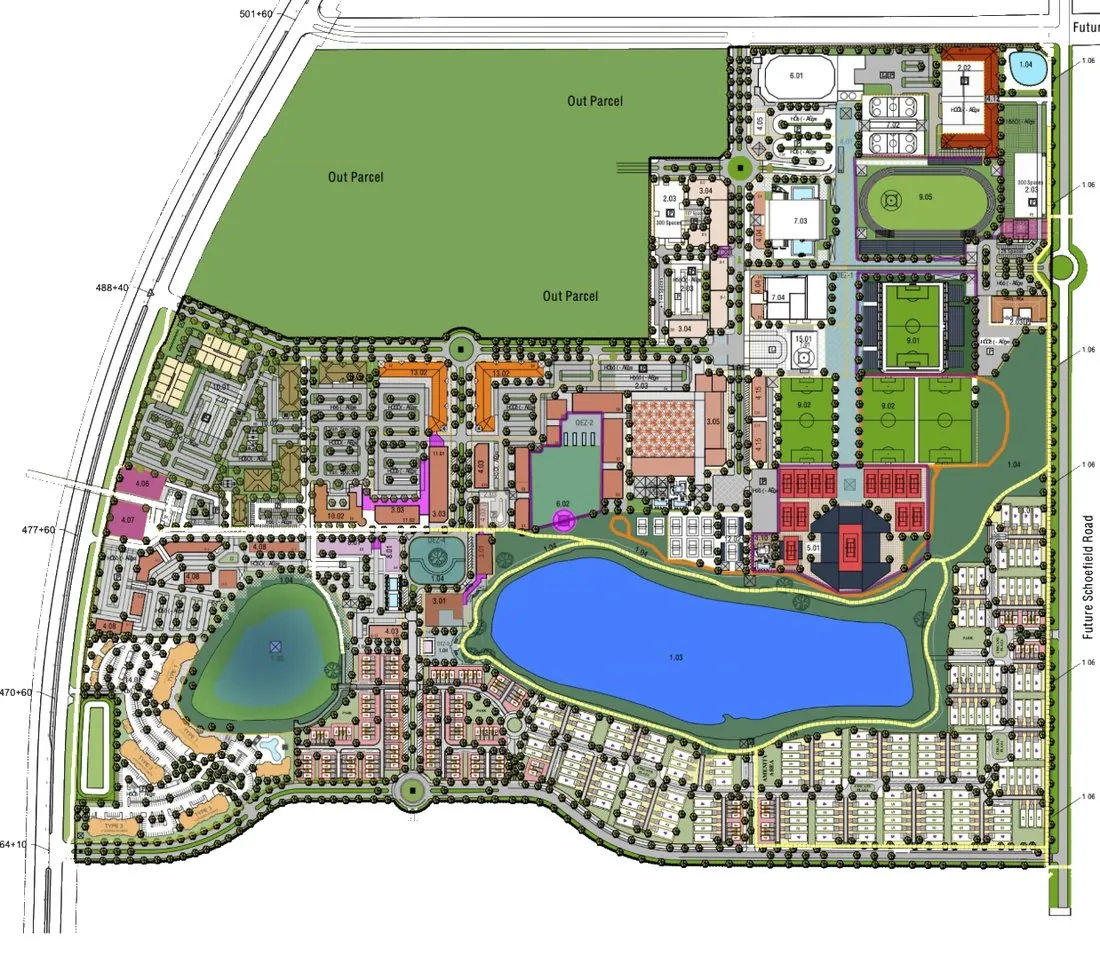 Vista aérea do site plan do Olympus, distrito mestre que abriga o Wellness Ridge em Clermont, Orlando
