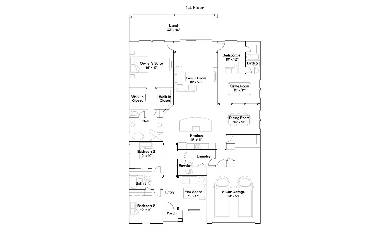 Planta baixa térreo do modelo Inverness, Wellness Ridge Clermont FL, Lennar Orlando